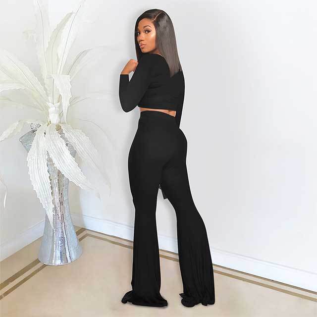 Solid Color Slim Fit Flared Pants Suit