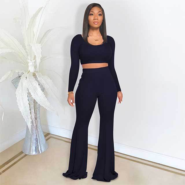 Solid Color Slim Fit Flared Pants Suit