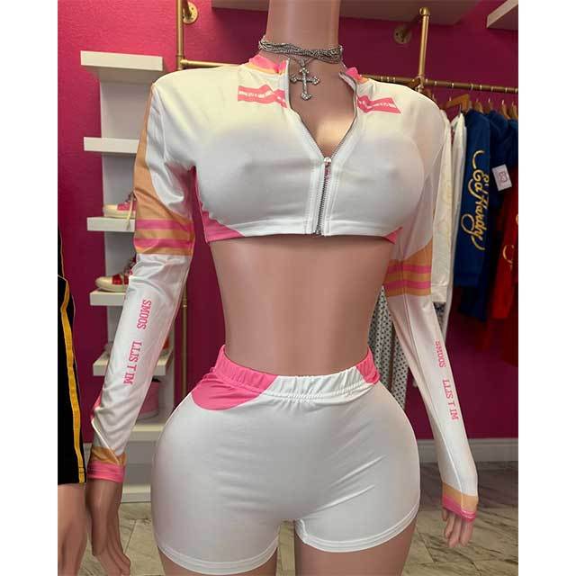 Printed Zipper Top Fitted Short Set