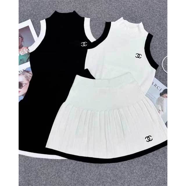 Knit Tank Top Pleated Skirt Set
