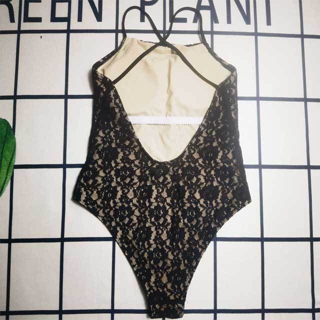 Metal Logo Floral Lace Backless One Piece Swimsuit