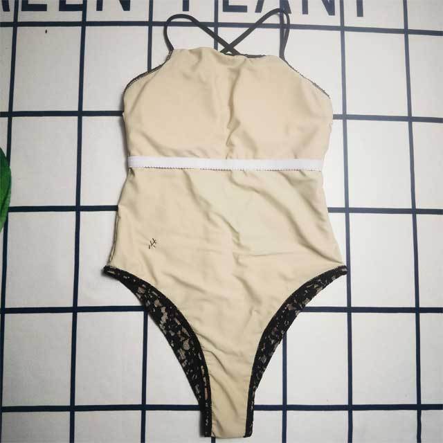 Metal Logo Floral Lace Backless One Piece Swimsuit