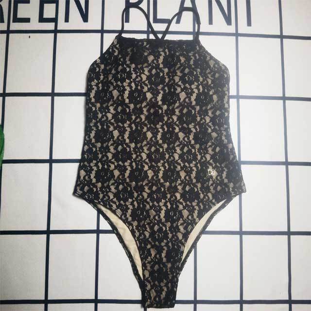 Metal Logo Floral Lace Backless One Piece Swimsuit