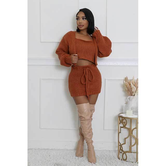Suspender Cardigan Sweater Skirt Set 3 Pieces