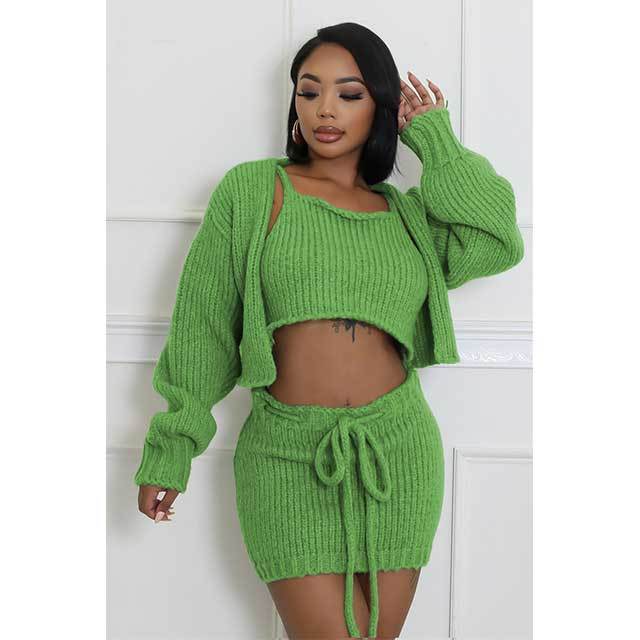 Suspender Cardigan Sweater Skirt Set 3 Pieces