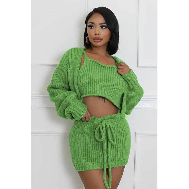 Suspender Cardigan Sweater Skirt Set 3 Pieces