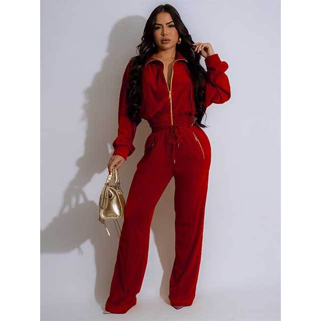 Long Sleeve Suede Zipper Up Jogging Suit