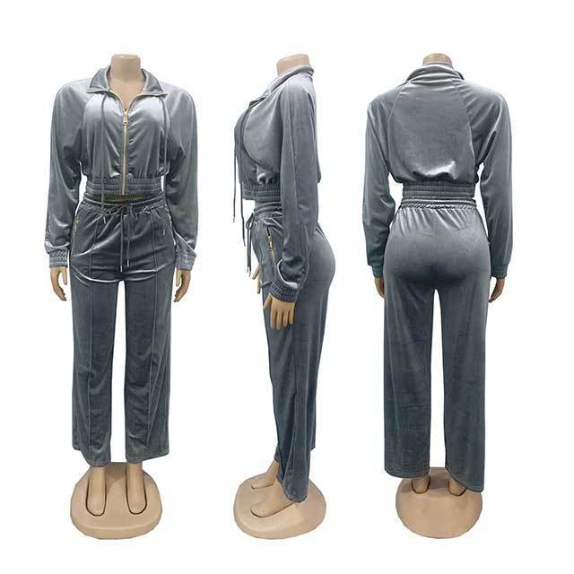 Long Sleeve Suede Zipper Up Jogging Suit