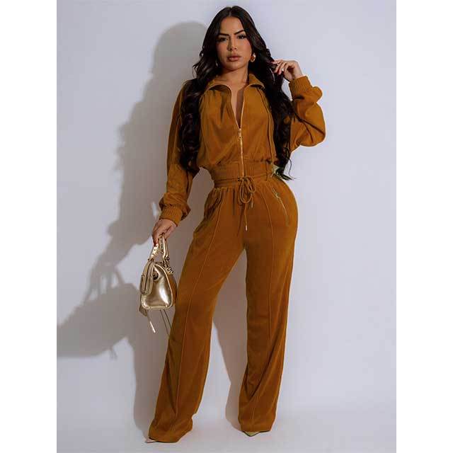 Long Sleeve Suede Zipper Up Jogging Suit