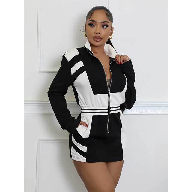 Color Block Zipper Up Mini Dress