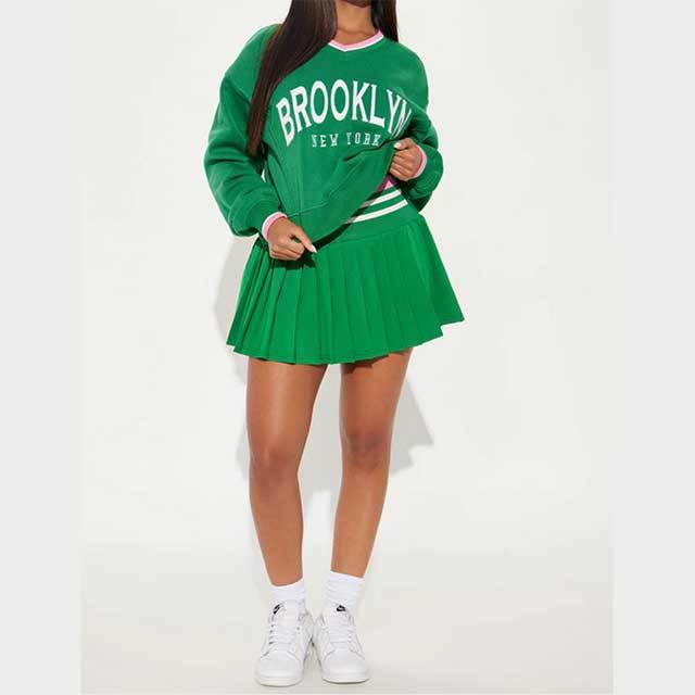 Letters Printed V Neck Long Sleeve Top Pleated Skrit Set