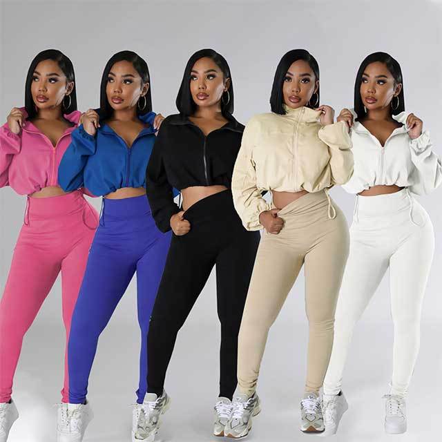 Solid Color Zipper Up Top Skinny Legging Set