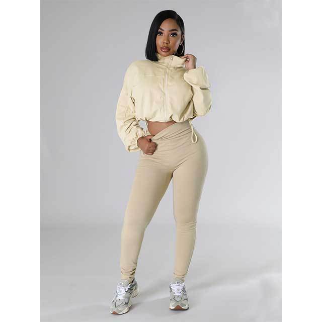 Solid Color Zipper Up Top Skinny Legging Set