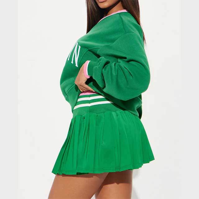 Letters Printed V Neck Long Sleeve Top Pleated Skrit Set