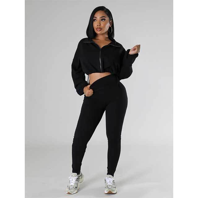 Solid Color Zipper Up Top Skinny Legging Set