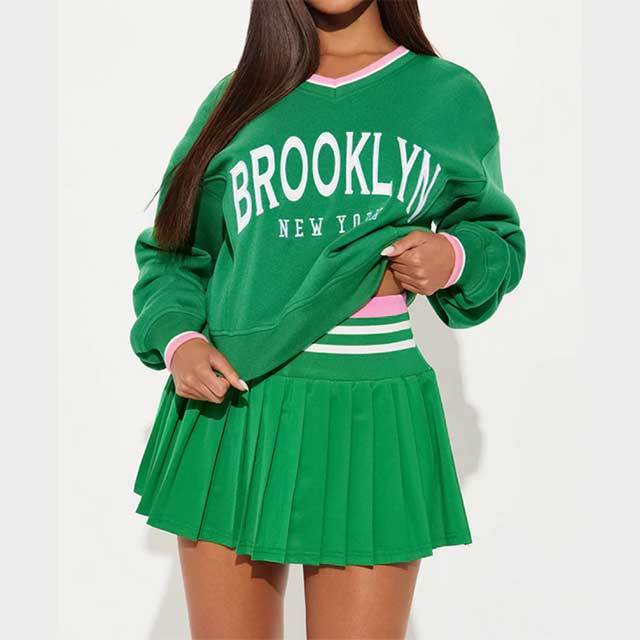 Letters Printed V Neck Long Sleeve Top Pleated Skrit Set