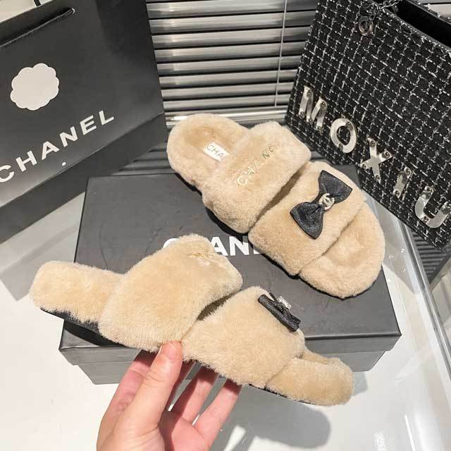 Bow Rhinestones Furry Flat Slides