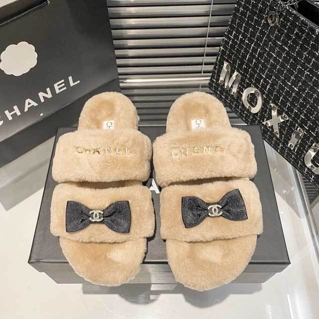Bow Rhinestones Furry Flat Slides