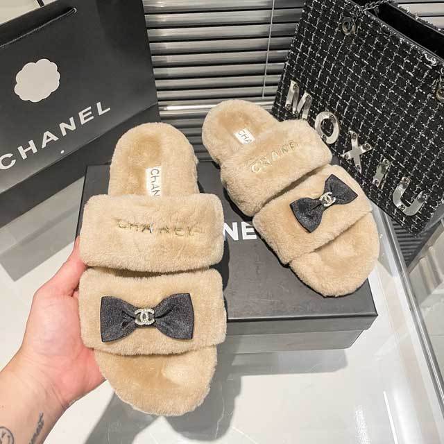 Bow Rhinestones Furry Flat Slides