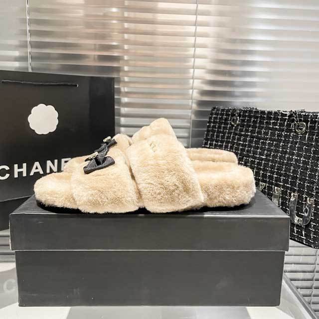 Bow Rhinestones Furry Flat Slides