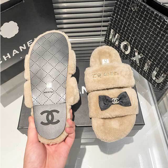 Bow Rhinestones Furry Flat Slides