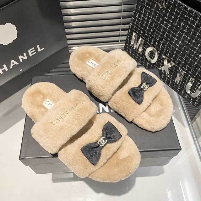 Bow Rhinestones Furry Flat Slides