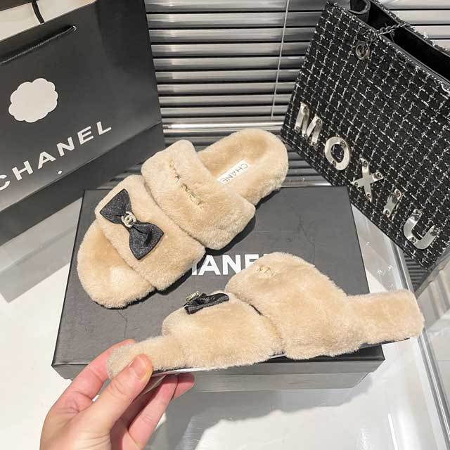Bow Rhinestones Furry Flat Slides