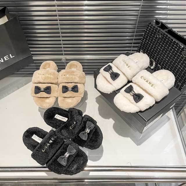 Bow Rhinestones Furry Flat Slides