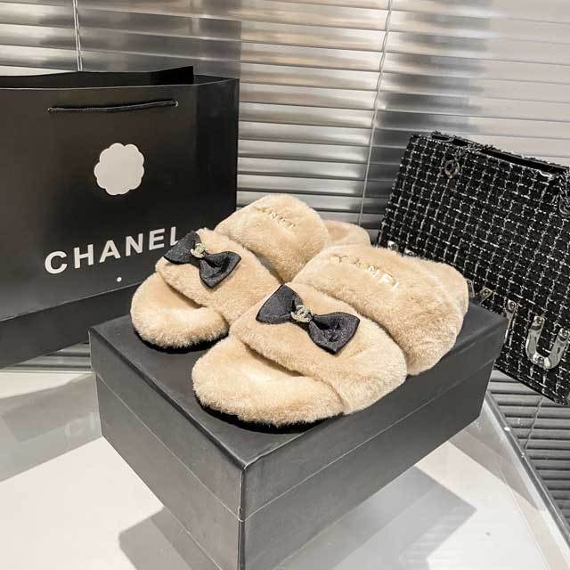 Bow Rhinestones Furry Flat Slides