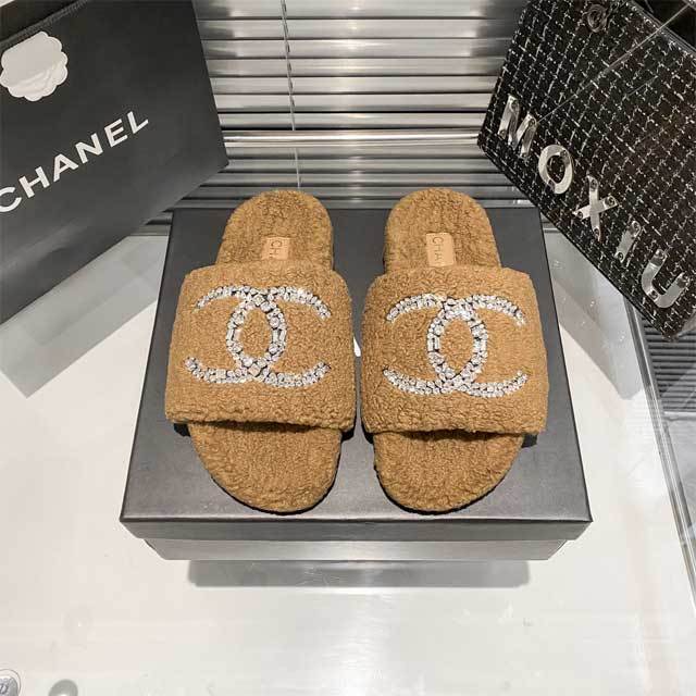 Rhinestones Furry Flat Slides