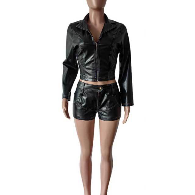 Leather Zipper Jacket Top Short Set