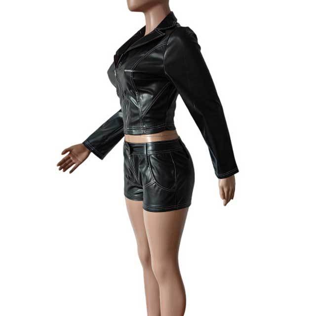 Leather Zipper Jacket Top Short Set