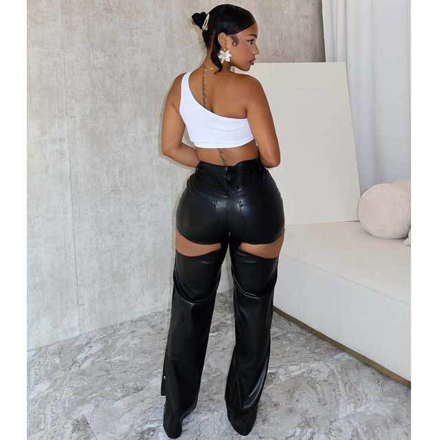 Button Leather High Waist Hollow Out Pant