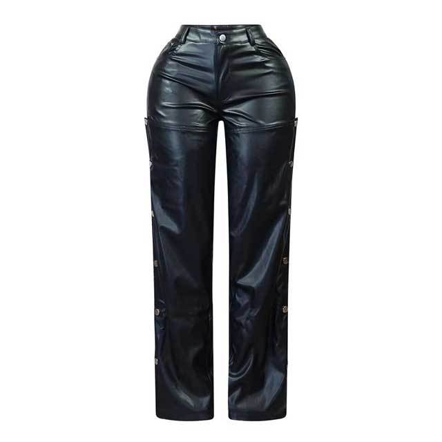 Button Leather High Waist Hollow Out Pant