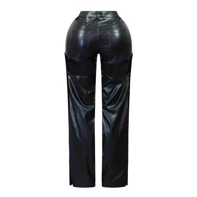 Button Leather High Waist Hollow Out Pant