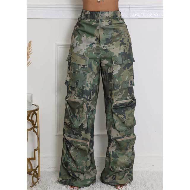 Multi Pockets High Waist Camo Cargo Pant