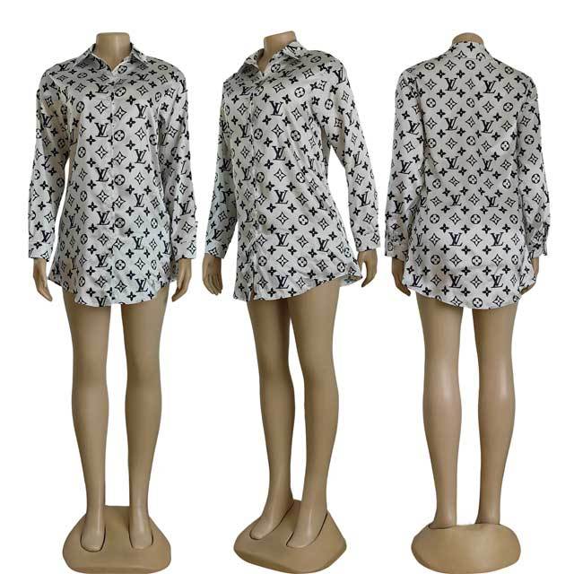 Long Sleeve Printed Casual Shirt Dress