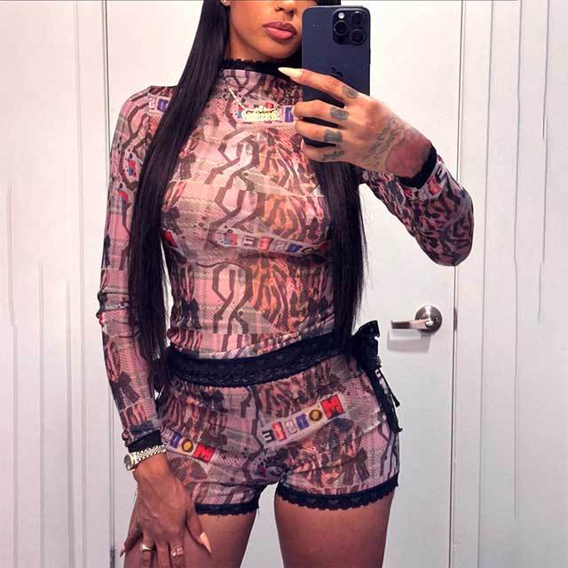 Lace Trim Mesh Short Set