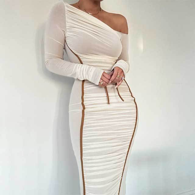Mesh Single Shoulder Ruched Bodycon Dress