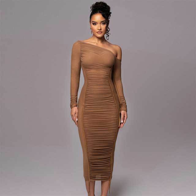 Mesh Single Shoulder Ruched Bodycon Dress