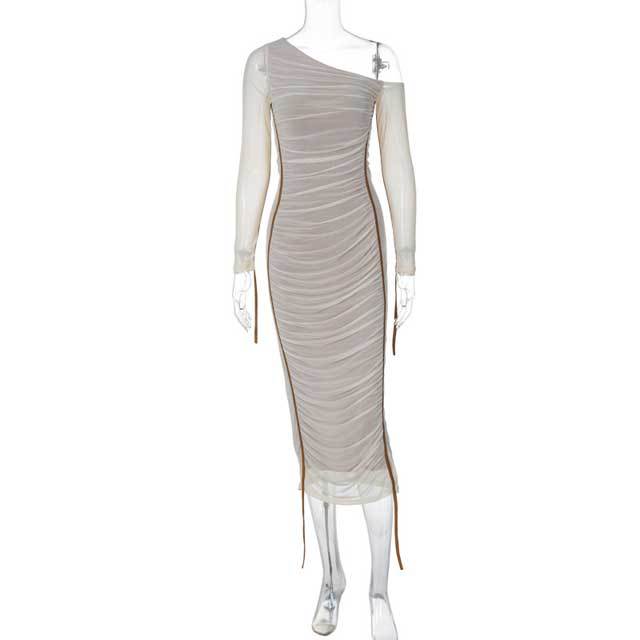 Mesh Single Shoulder Ruched Bodycon Dress