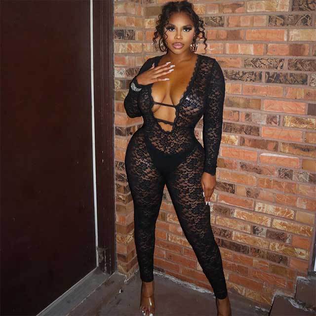 Plunging V Neck Sheer Lace Jumpsuit