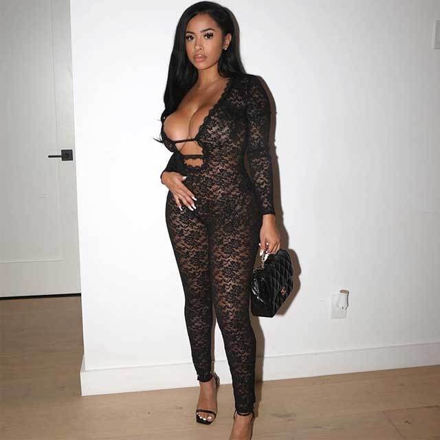 Plunging V Neck Sheer Lace Jumpsuit