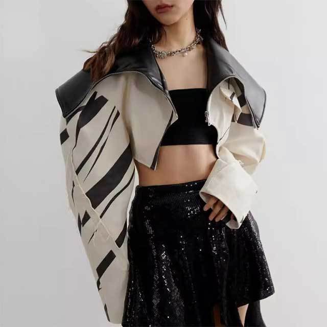 Contrast Color Motorcycle Short Jacket