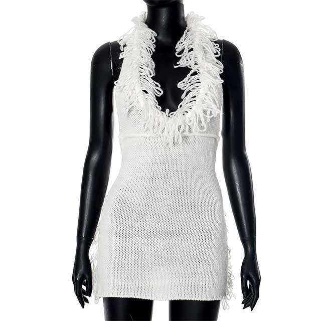 Deep V-neck Halter Tassel Knitted Dress
