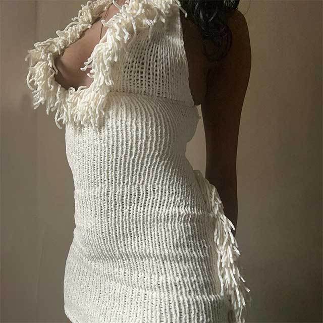 Deep V-neck Halter Tassel Knitted Dress