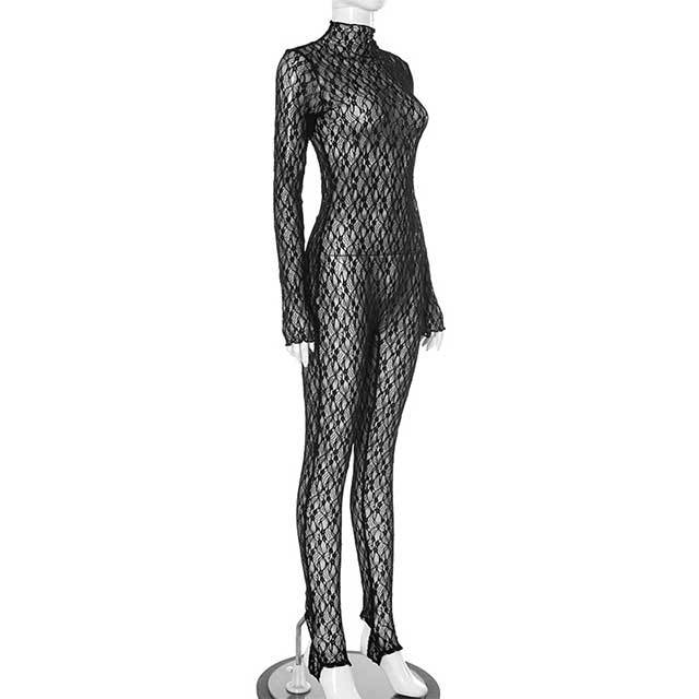 High Neck See-Through Lace Fishnet Jumpsuit