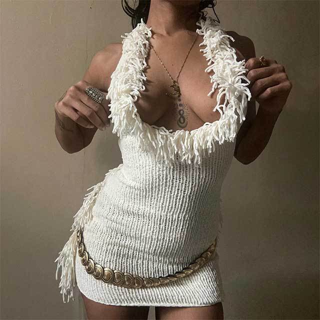 Deep V-neck Halter Tassel Knitted Dress
