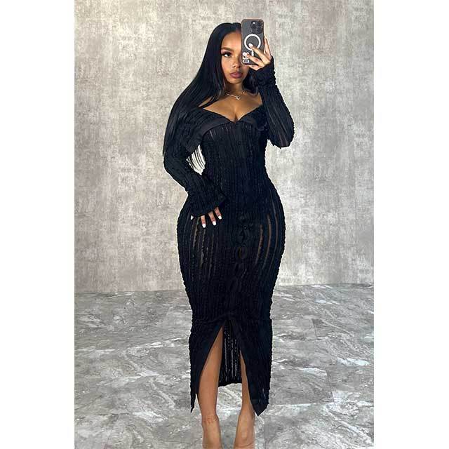 Off Shoulder Wavy Design Maxi Dress
