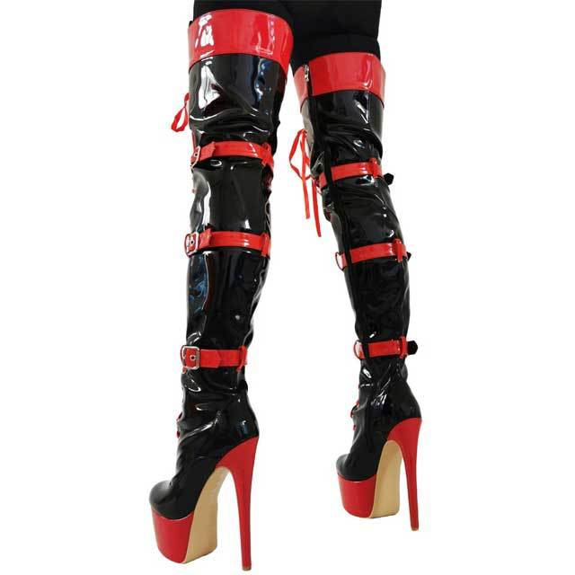 Leather Buckle Strap Lace-Up High Heeled Boots